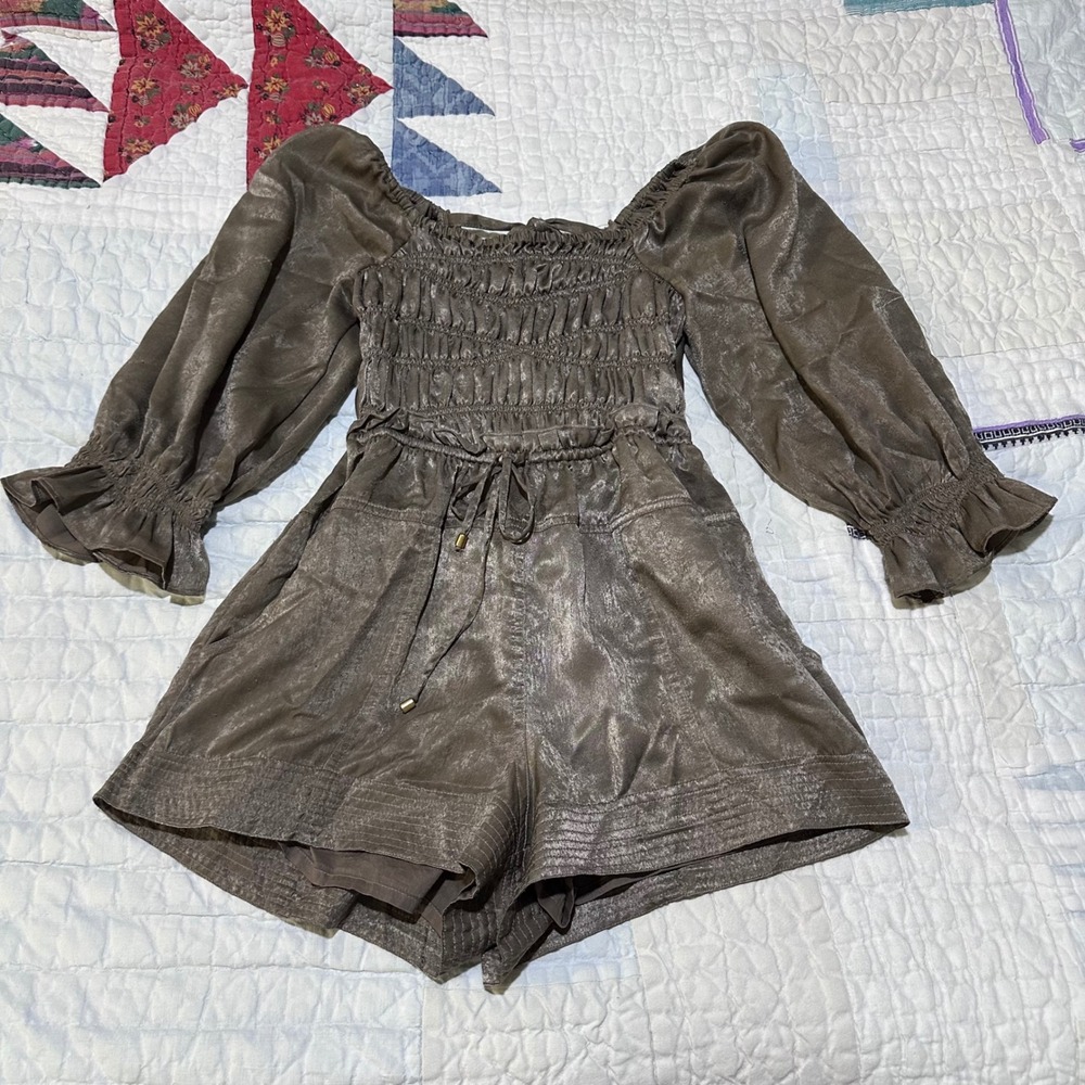 Free People Romper Metallic Bronze Long‎ Sleeve Smocked XS